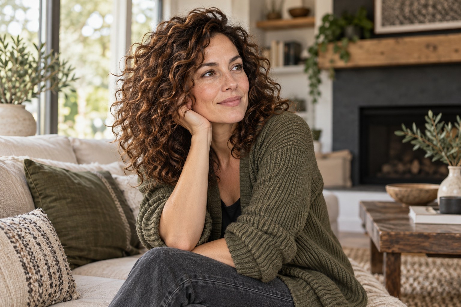 A woman with curly hair in a bright living room