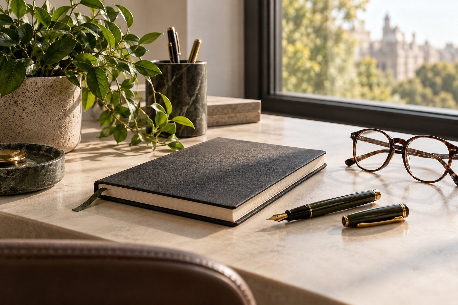A quiet workspace with a notebook, glasses, and a plant