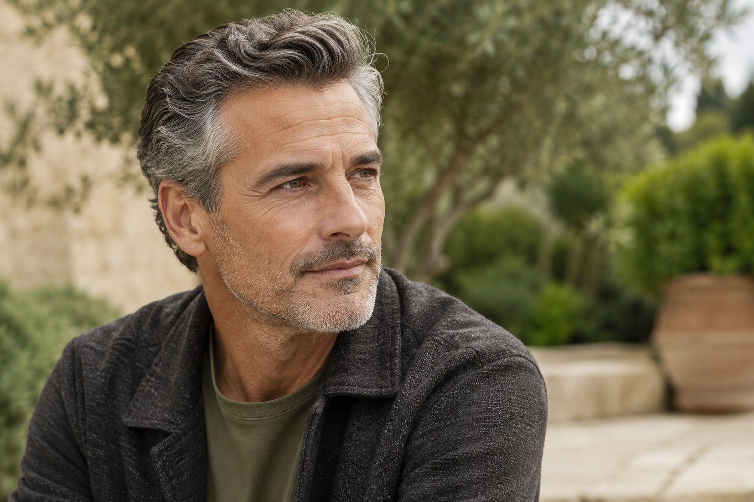 Natural salt-and-pepper hair in soft outdoor light