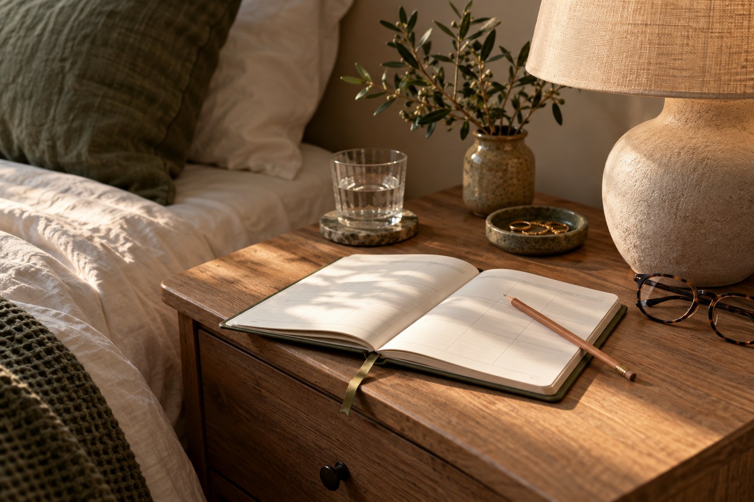 A planner and pencil on a bedside table